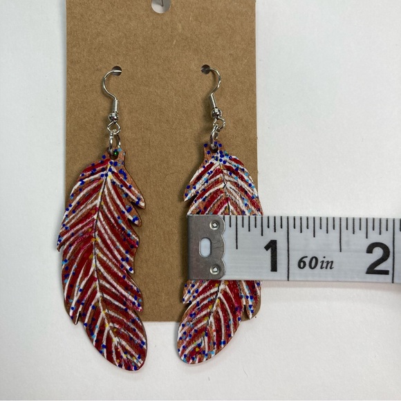 One-of-a-Kind Hand Painted Wooden Feather Earrings - Red and Blue Fall Colors - Picture 9 of 9